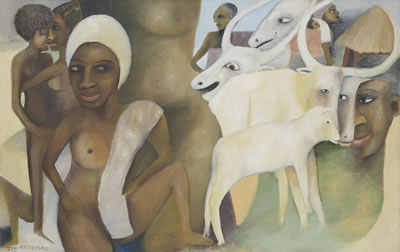 Village scene with women and cattle