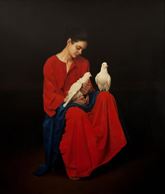 Girl with a pair of doves