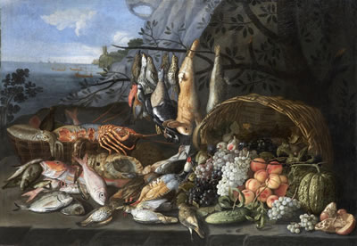 A basket of fruit with game and fish on a stone ledge