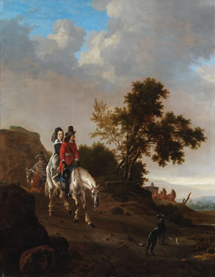 A hilly landscape with travellers riding on a path