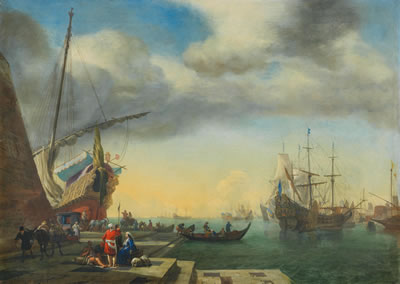 A Mediterranean harbour scene with figures gathered
