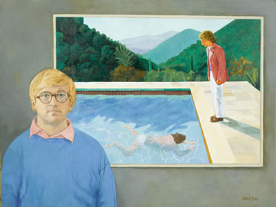 Portrait of an Artist standing with 'Portrait of an Artist (Two Nudes)' (David Hockney with his seminal painting)