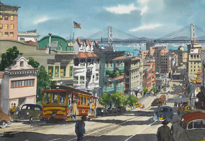The Bay Bridge from California Street and The Golden Gate Bridge from Coit Tower (a pair) by James March Phillips - Auction record, sale price, and art valuation. Compare with similar artists and explore comparable artworks.