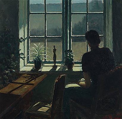 Interior with a woman in sunlight from a window.