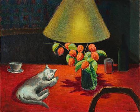Still life with tulips and a cat.