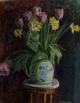 Still life with tulips and daffodil. by Alfred Johannessen - Auction record, sale price, and art valuation. Compare with similar artists and explore comparable artworks.
