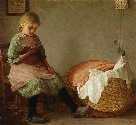 “Lektierne læses”. A girl reads her homework.