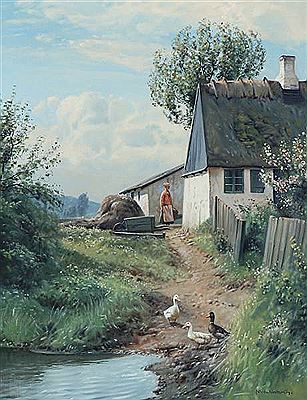 Landscape with peasant woman and ducks at a smallholdng by Niels Walseth - Auction record, sale price, and art valuation. Compare with similar artists and explore comparable artworks.