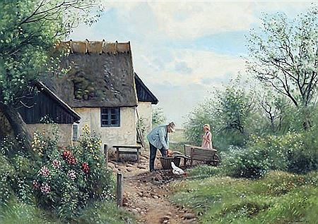 Landscape with a farmer and his daughter at a smallholding by Niels Walseth - Auction record, sale price, and art valuation. Compare with similar artists and explore comparable artworks.