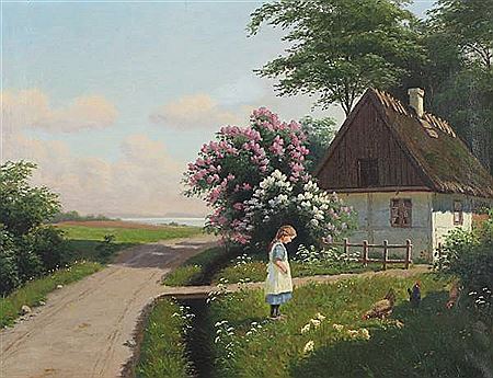 A girl feeding hens in front of a house by Alfred Larsen - Auction record, sale price, and art valuation. Compare with similar artists and explore comparable artworks.