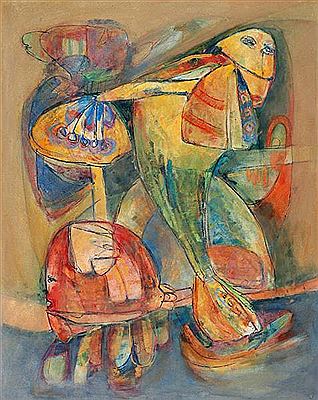 Sample artwork by Gina Pellon (1926 - 2014), known for cartoon style female figurative image painting, abstract expression - View similar artists and auction records