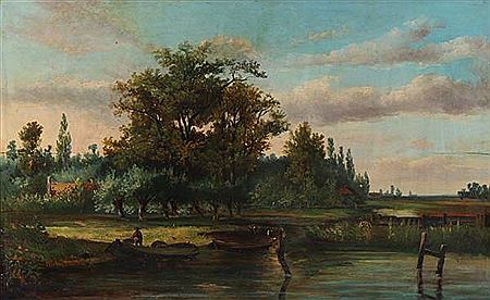 Landscape with boats moored on a lake