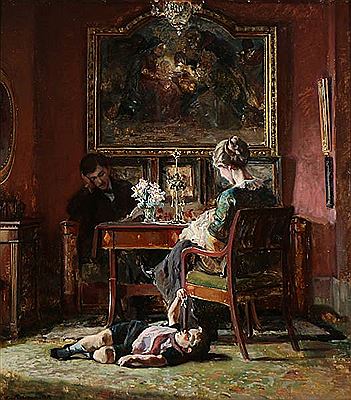A living room interior with three figures