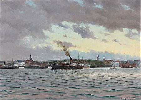 View from Aalborg Harbour with the steamer “Aalborghus” by Lauritz Sorensen - Auction record, sale price, and art valuation. Compare with similar artists and explore comparable artworks.