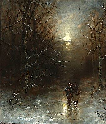 Moonlit forest path with hunters and their dogs
