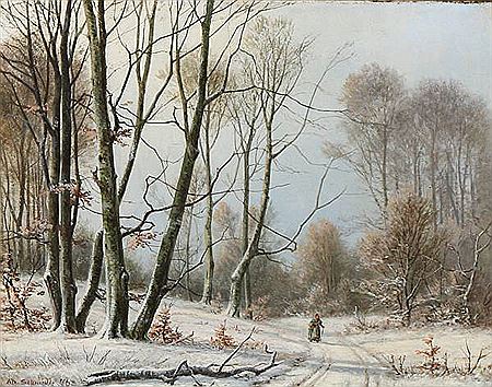 An old woman passes through a snowy landscape by Alexander Schmidt - Auction record, sale price, and art valuation. Compare with similar artists and explore comparable artworks.