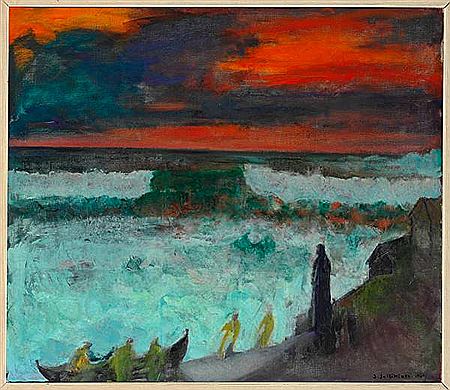 “Solnedgang over havet. Båden trækkes på land”, the Faroe Islands