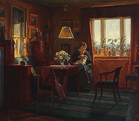 An interior with a woman sewing.