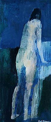 Composition in blue with a back turned woman.