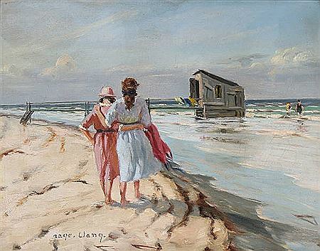 Two women walking along the beach.