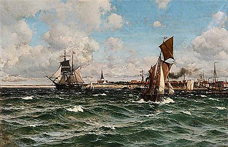 Harbour scene with sailing ships