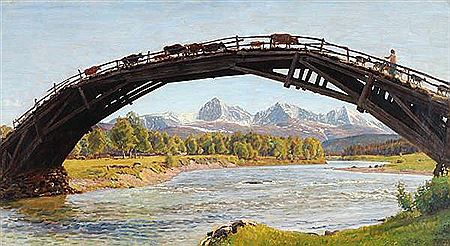 A Norwegian landscape with cattle being herded over a bridge. by Niels Skovgaard - Auction record, sale price, and art valuation. Compare with similar artists and explore comparable artworks.