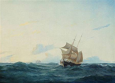Seascape with sailing ship in rough seas.