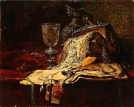 Still life with a glas, a bag, a mug and documents on a table.