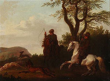 Hunting scene with hunters on horseback.