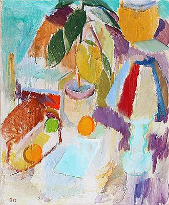 Still life with lamp and fruits.