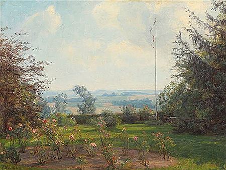“Udsigt fra Frk. Foghs Have i Skjold”. Garden scenery. by Emma Eleonore Meyer - Auction record, sale price, and art valuation. Compare with similar artists and explore comparable artworks.