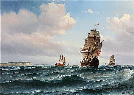 “Gamle Orlogsmænd Krydser udfor Stevns”. Old warships crossing outside Stevns, Denmark.
