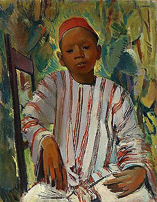 A boy in striped sweater fez