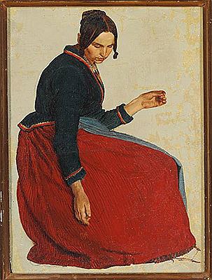 Portrait of a woman in a red skirt.