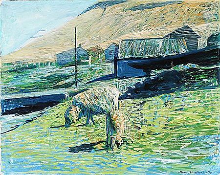 Composition from the faroese islands with sheep and houses