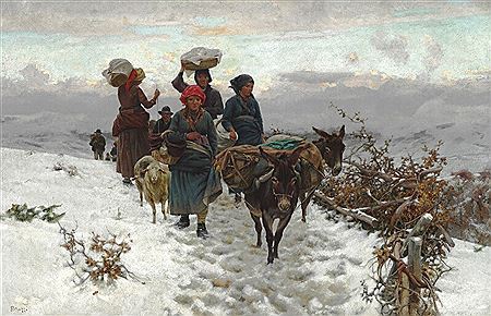 Italian farmers crossing a mountain pass at winter time. by Stefano Bruzzi - Auction record, sale price, and art valuation. Compare with similar artists and explore comparable artworks.