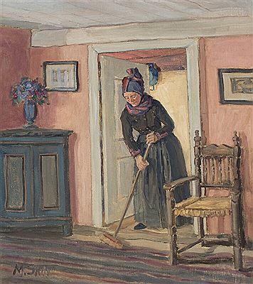 Interiør with a woman sweeping by Marius Skov - Auction record, sale price, and art valuation. Compare with similar artists and explore comparable artworks.