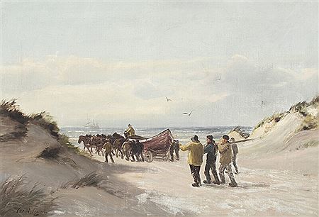 Costal scenery with lifeboat leaving the shore.