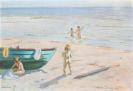 Children bathing at Skagen Beach.