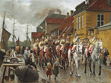 He Royal Horseguard on the street of Frederiksholms Kanal in Copenhagen.