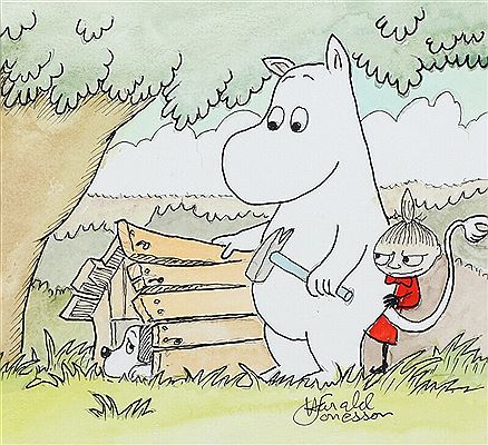 The Mommin and Little My building a doghouse.