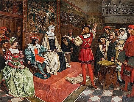 Christoffel Columbus licht zijn plannen toe voor koningin Isabella.