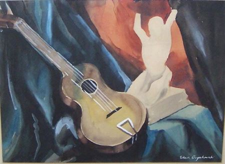 Still life with guitar and sculpture