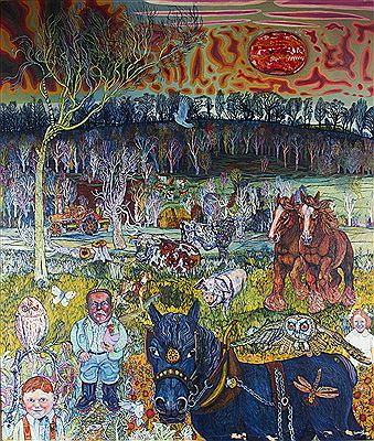 Landscape, with figures and farm animals, beneath a burning sun