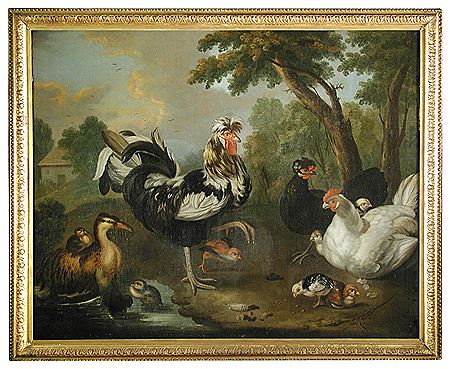 A Peacock and peahen in a classical landscape; and An Appenzeller Spitzhauben Cockerel and other fancy fowl in a landscape (2)