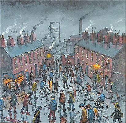 Northern street scene early morning busy with with mine workers approaching the colliery gate