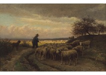 La rentree du Pere Chicoree et son troupeau, au loin le village de Barbizon