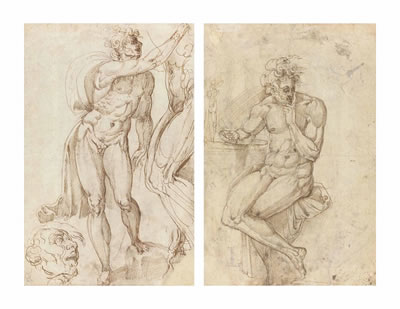 Two male nudes seen from the front and side, with a subsidiary study of the head of the complete figure