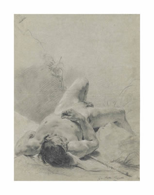 A nude youth sprawled on his back, upon a bank, lying on a standard
