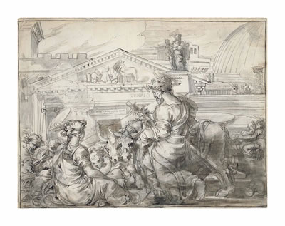 The Holy Family outside a temple, with classical architecture behind